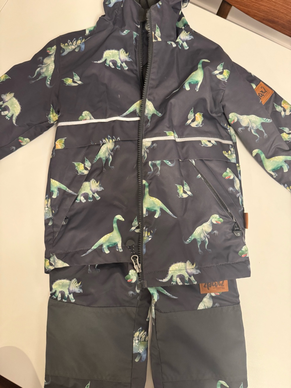deux par deux Kids Raincoat & Rain Pants in Charcoal with Green Dinosaur Print